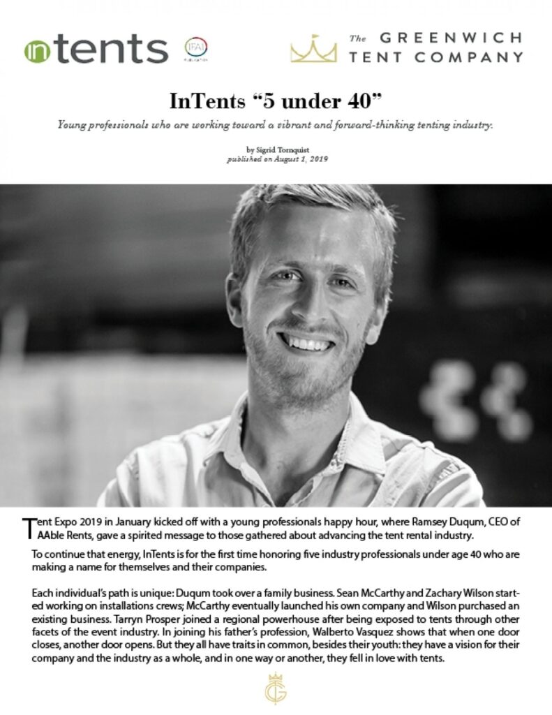 InTents 5 under 40 Greenwich Tent Feature Zach Wilson