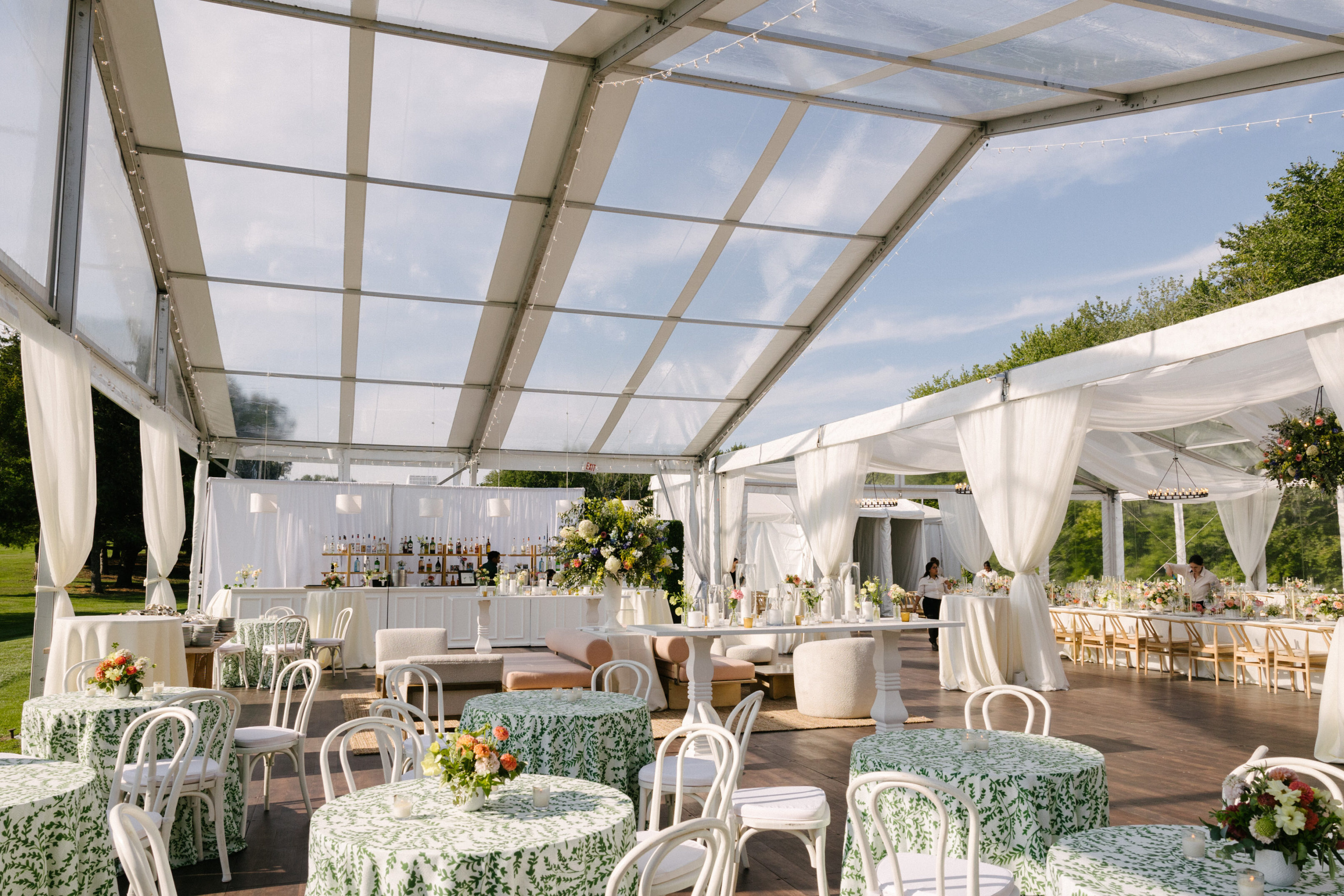 Connecticut country club wedding with Clearspan tent from Greenwich Tent Company. Connecticut tent rentals for private outdoor events.