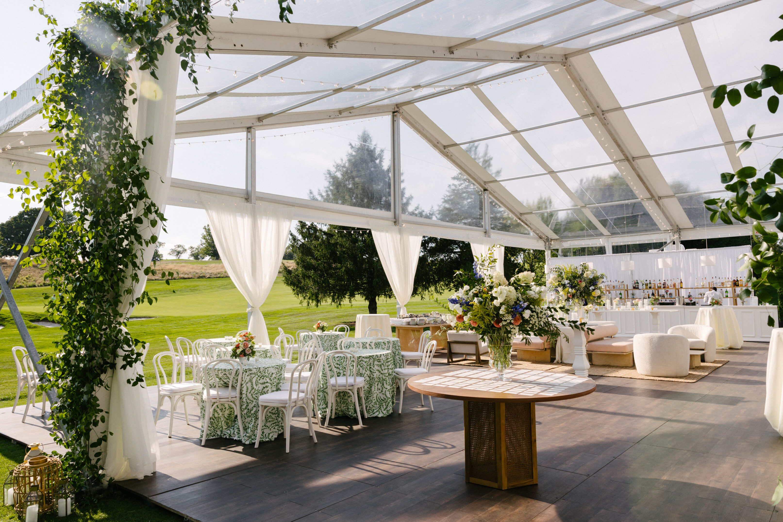 Connecticut country club wedding with Clearspan tent from Greenwich Tent Company. Connecticut tent rentals for private outdoor events.