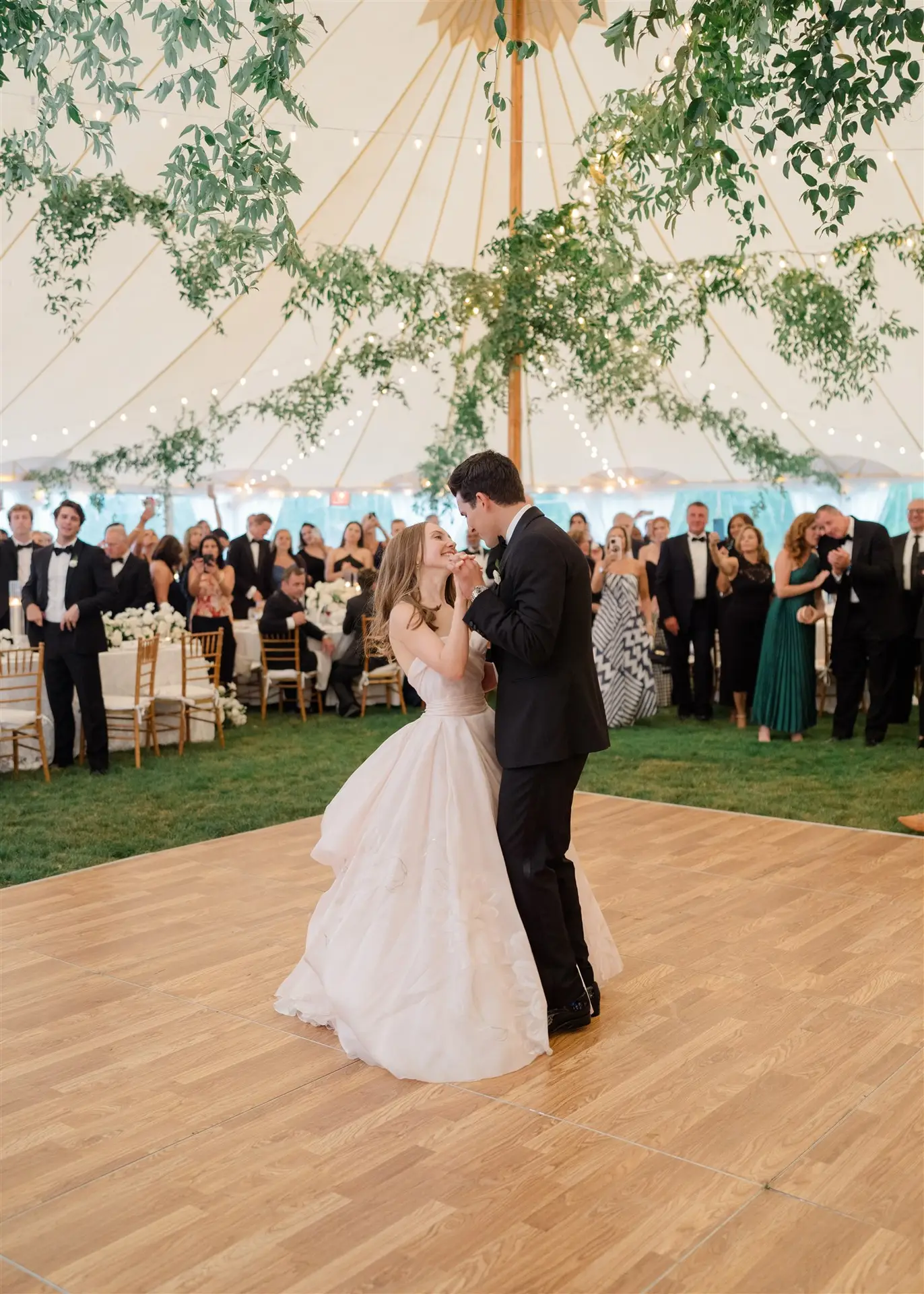 Daytime interior Sperry sailcloth tent couple on dance floor