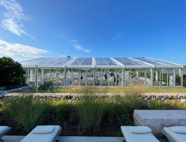 Clearspan Losberger Structure with glass walls and doors for luxury private outdoor event in Rhode Island.