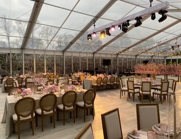 Clearspan Structure for outdoor event in Greenwich, CT with luxury flooring and glass walls