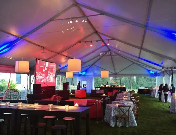 Night time interior frame tent with white tops