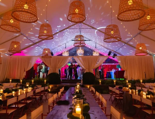 Night time interior frame tent with white tops