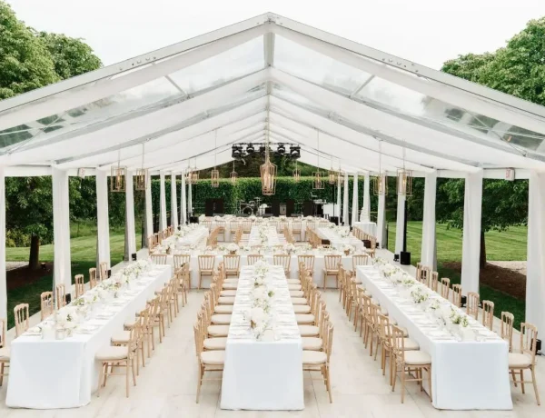 Interior daytime clear span clear top Losberger structure with full floor