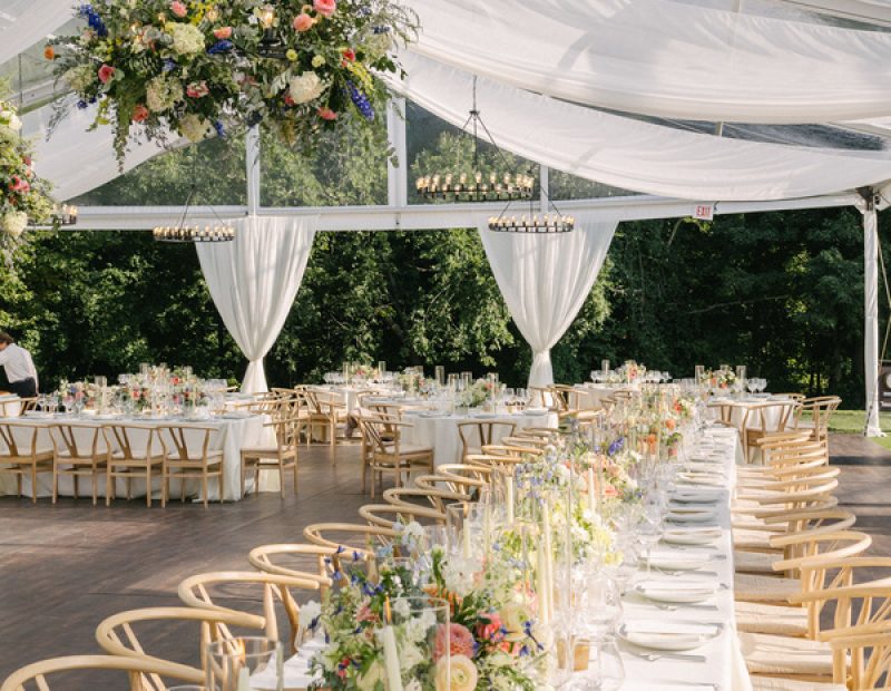 Sailcloth tent set up for country club wedding