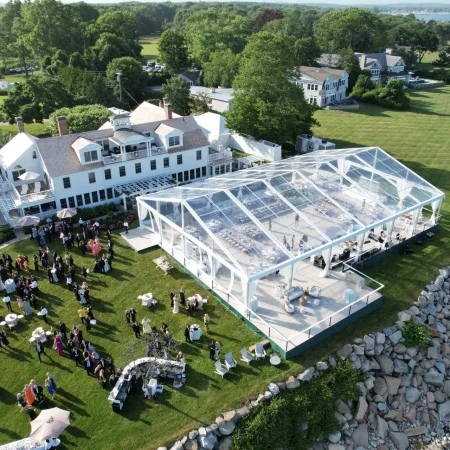 Daytime exterior aerial clearspan clear top Losberger structure with full floor